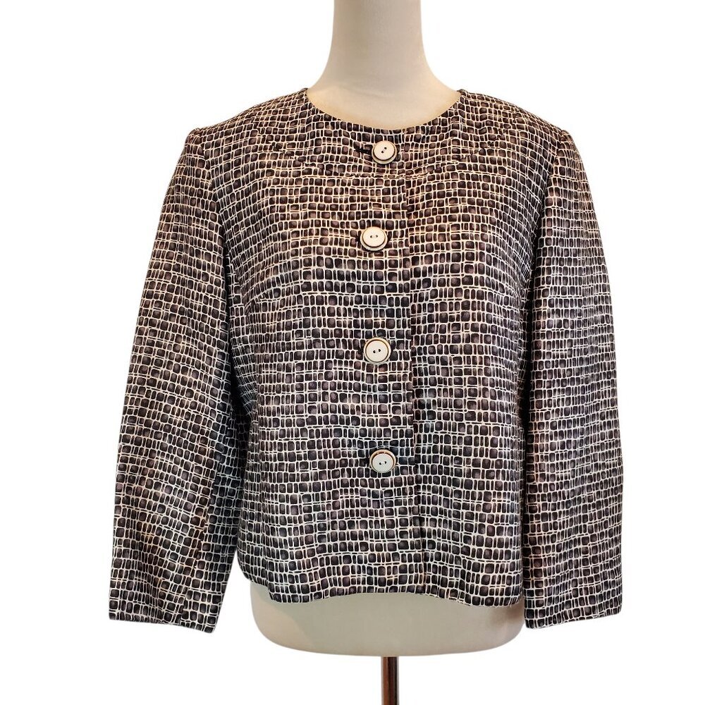 TALBOTS Petites SZ 14 Black & Cream Silk/Wool Blend Pebbled Print Blazer Jacket